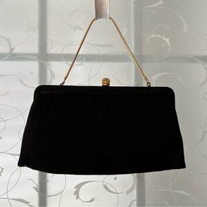 Vintage black satin handbag/clutch with gold rhinestone ball kiss clasp, chain.